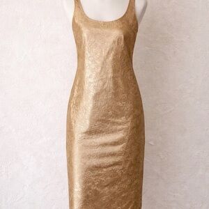 Vintage J.R. Nites Gold Brocade Sheath Dress Women’s Size 16 Sleeveless Formal